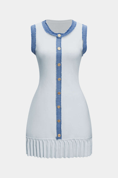 Knit Metallic Button Patchwork Sleeveless Sweater Dress