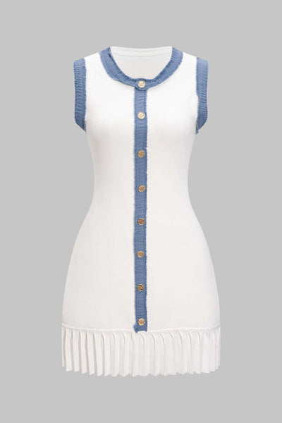 Knit Metallic Button Patchwork Sleeveless Sweater Dress