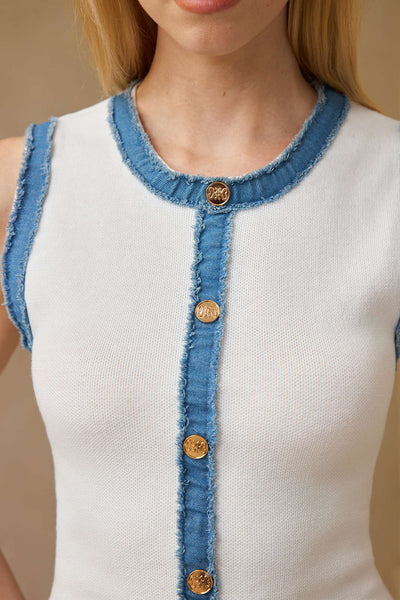 Knit Metallic Button Patchwork Sleeveless Sweater Dress