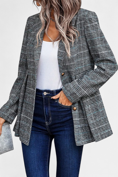 Calico Blazer Peplum a Cuadros con Solapa de Muesca